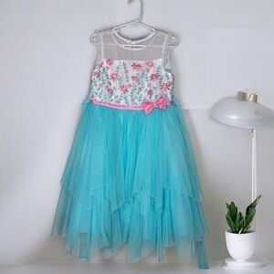 Jona Michelle Girls Tulle Dress Spring Blue Floral Embroidered Pink